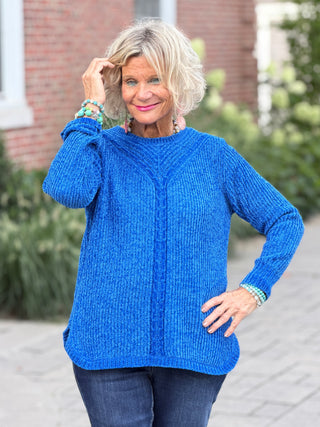 Women's Luster Chenille V-Neck Cable Sweater SAFFIRE Cathys Place
