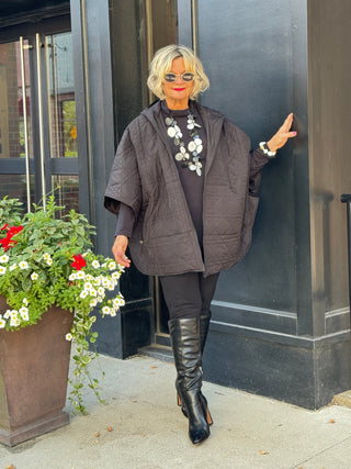 Oversize Quilted Puffer Hood Cape Poncho BLACK