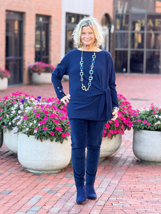 Women's Rib Knit Boat Neck Side Tie Top NAVY Cathys Place