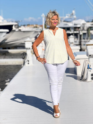 NAUTICAL YELLOW STRIPE SLEEVELESS NOTCH TOP LULU-B