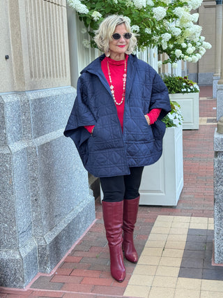 Oversize Quilted Puffer Hood Cape Poncho  NAVY