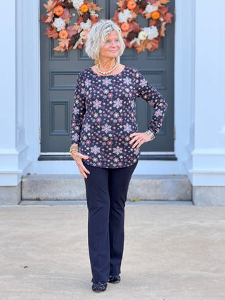 SNOWFLAKE PRINT LONG SLEEVE BOAT NECK TOP Cathys Place