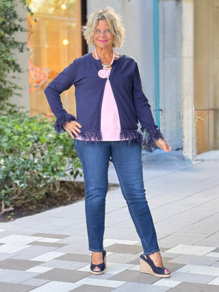 LULU-B NAVY CASHMERE FRINGE FANCY CARDIGAN LULU-B