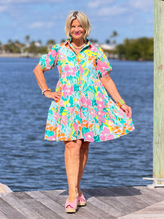 Fashion-W Floral Short Sleeve Buttoned Babydoll BOHO Dress Cathys Place