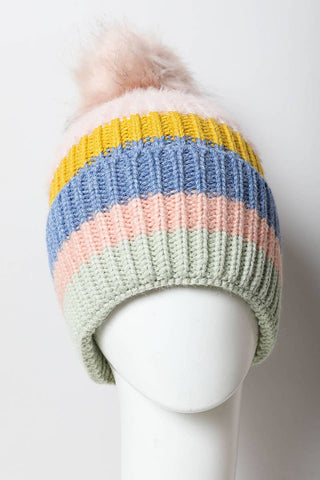 Multi Pastel Stripe Knit Pom Beanie Cathys Place
