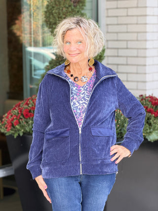 Women's Portrait Collar Velveteen Zip Front Jacket NAVY Cathys Place