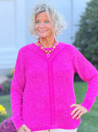 Women's Luster Chenille V-Neck Cable Sweater FUSHIA Cathys Place