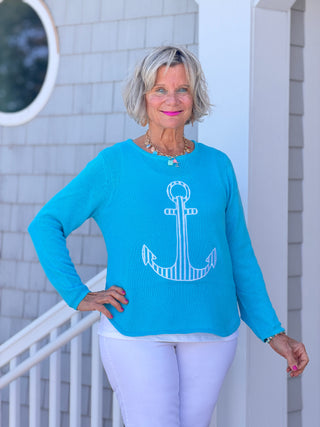 DOCKSIDE NAUTICAL AQUA STRIPE ANCHOR SWEATER Cathys Place