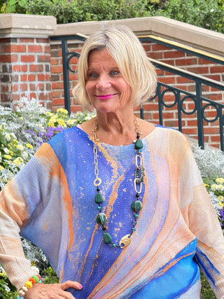 Blue Wavy Round Neck Knit Printed Sweater