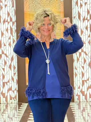 LULU-B NAVY CASHMERE FRINGE FANCY CARDIGAN
