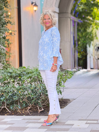 Women's Waterfall Blue Starfish Puff Print Flutter Sleeve Top Cathys Place