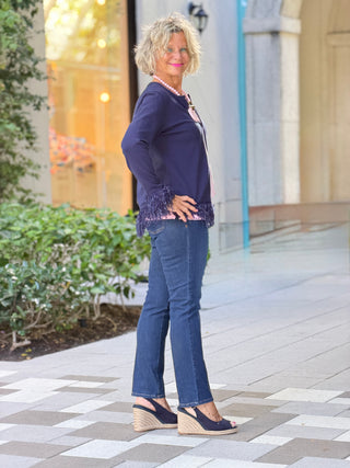 LULU-B NAVY CASHMERE FRINGE FANCY CARDIGAN LULU-B