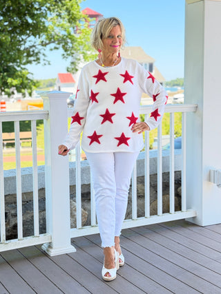LULU B DOCKSIDE WHITE RED STAR FUZZY SWEATER LULU-B