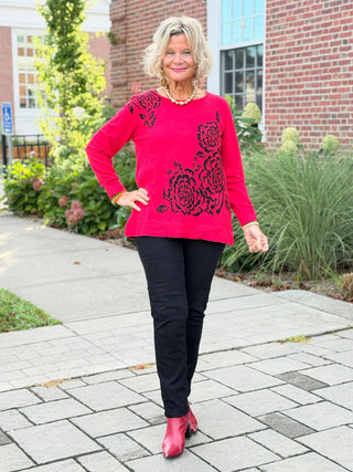 Women's Floral Placement Eyelash Sweater RED Cathys Place
