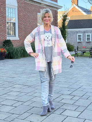 Women's Luxe Plaid Fringed Sweater Cardigan