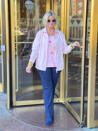 Crystal Zipper Cardigan with Collar Pink