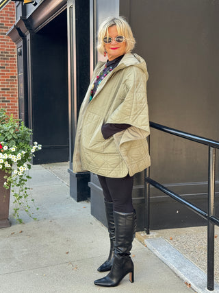 Oversize Quilted Puffer Hood Cape Poncho  SAGE