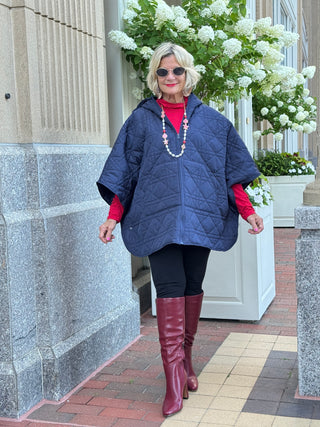 Oversize Quilted Puffer Hood Cape Poncho  NAVY