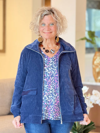 Women's Portrait Collar Velveteen Zip Front Jacket NAVY Cathys Place