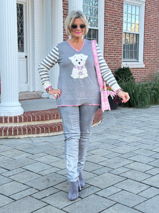 Maltese Puppy Striped Sleeve Sweater