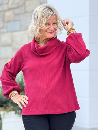Women's Bubble Sleeve Cowl Neck Rib Knit Top SCARLET Cathys Place