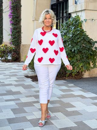 LULU B WHITE FUZZY HEART SWEATER