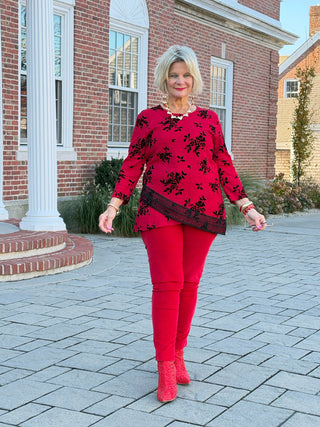 Women's Floral Flocked Texture Lace Trim Top Red Cathys Place