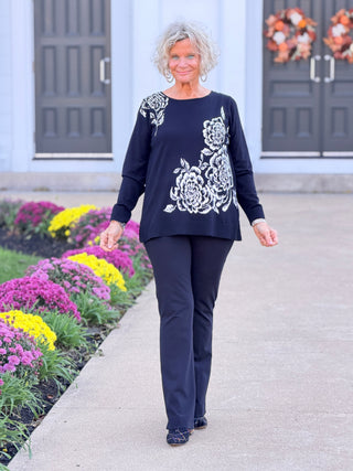 Women's Floral Placement Eyelash Sweater BLACK Cathys Place