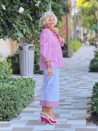 Women's Embroidered Placket Stripe Blouse Cathys Place