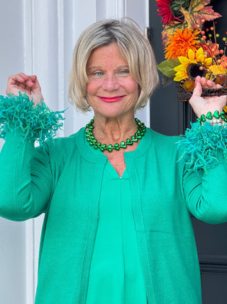 LULU-B EMERALD CASHMERE FRINGE FANCY CARDIGAN LULU-B