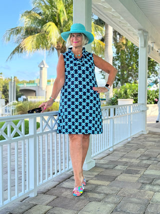 BLUE MEDALLION RUFFLE DRESS