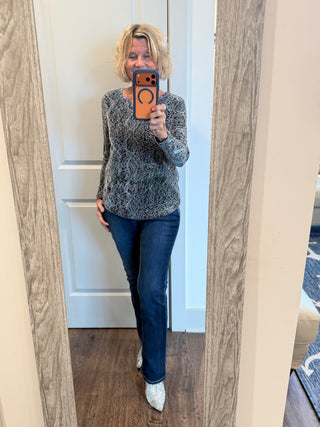 LONG SLEEVE METALLIC TEXTURED KNIT TOP Cathys Place