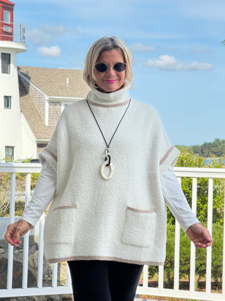 Colored Edge Solid Sleeveless Pocket Sweater Cream