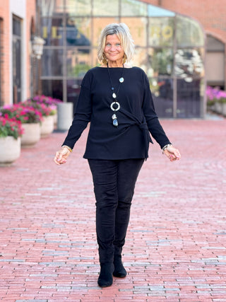 Women's Rib Knit Boat Neck Side Tie Top BLACK Cathys Place