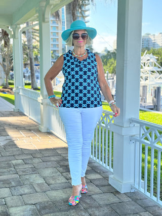 BLUE MEDALLION SLEEVELESS RUFFLE TOP