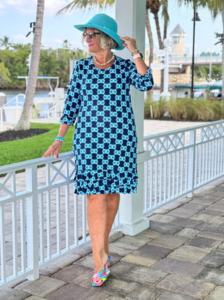 BLUE MEDALLION RUFFLE SLEEVE DRESS