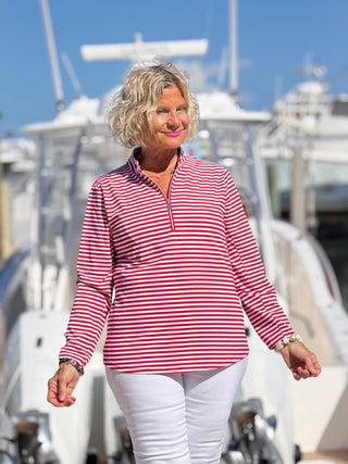 NAUTICAL RED STRIPED HALF ZIPPER TOP LULU-B