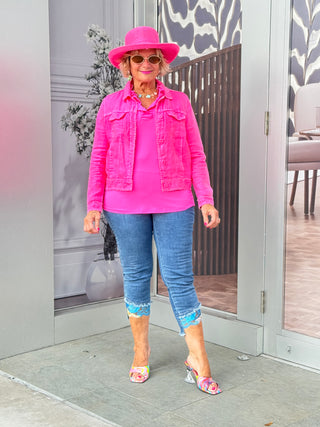 HOT PINK 3/25 SLEEVE RUFFLE TOP