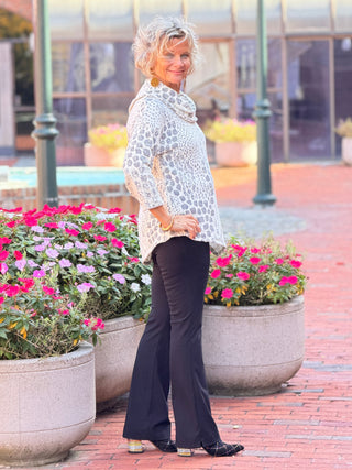 Women's Split Cowl Neck Animal Jacquard Chenille Top IVORY Cathys Place