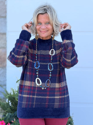 Plaid Eyelash Mock Neck Sweater CHARLIE B