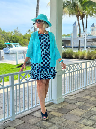 LULU B NAVY MEDALLION SHIFT RUFFLE DRESS