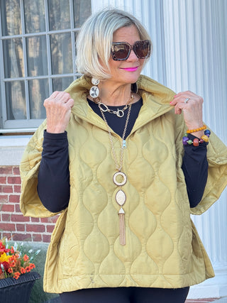 Quilted Short Sleeves Puffer Pullover Poncho Mustard