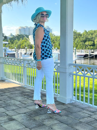 BLUE MEDALLION SLEEVELESS RUFFLE TOP