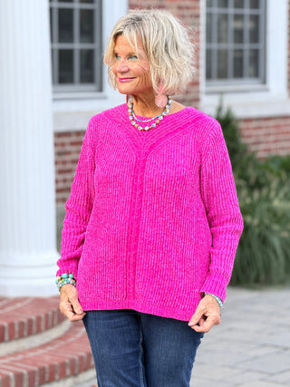 Women's Luster Chenille V-Neck Cable Sweater FUSHIA Cathys Place