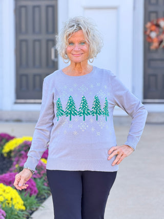 Women's Jacquard Trees Crystal Embellished Sweater Cathys Place