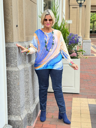 Blue Wavy Round Neck Knit Printed Sweater