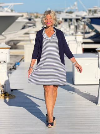 NAUTICAL NAVY SLEEVELESS RUFFLE DRESS LULU-B