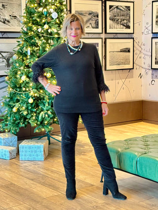 LULU-B BLACK SCOOP NECK FRINGE FANCY SWEATER