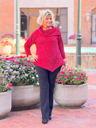 Women's Split Cowl Neck Animal Jacquard Chenille Top RUBY Cathys Place