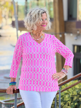 LLULU B PALM BEACH LATTICE V NECK TOP LULU-B